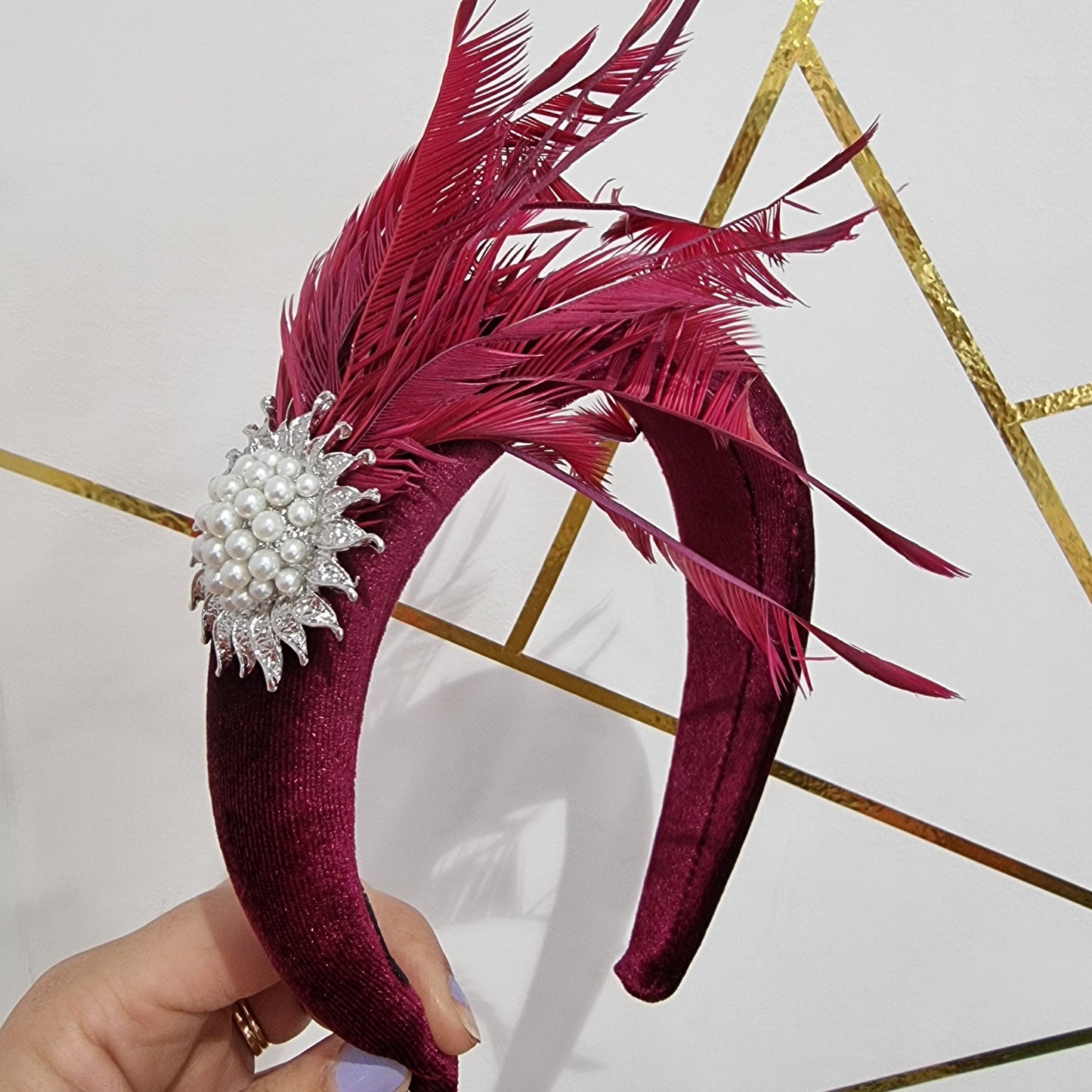 Burgandy velvet hairband & feather