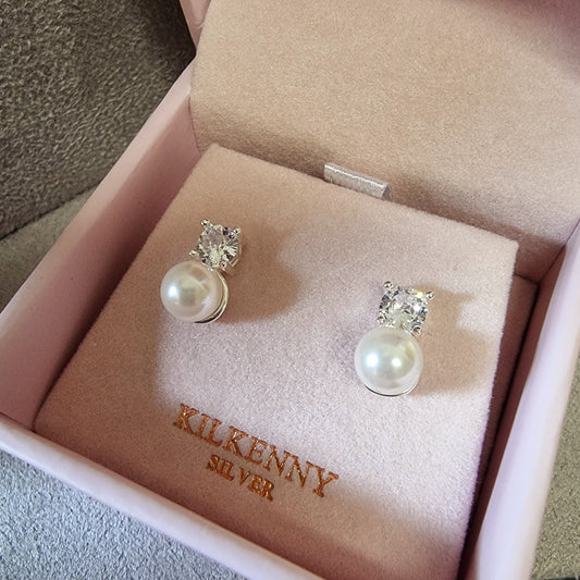 SILVER PEARL AND DIMANTE DROP STUD EARRINGS