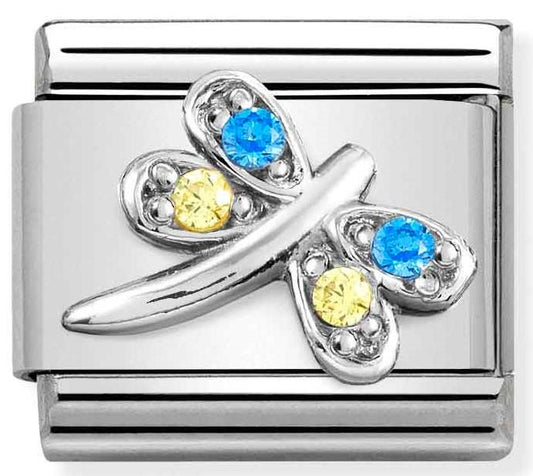 Classic SYMBOLS steel,CZ & silver 925 LIGHT BLUE & YELLOW dragonfly