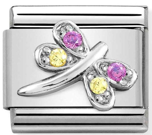 Classic SYMBOLS steel,CZ & silver 925,LILAC & YELLOW dragonfly