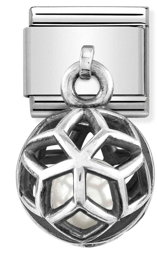 Classic CHARMS ROUND CAGES steel, 925 silver & stones Rhombus WHITE PEARL