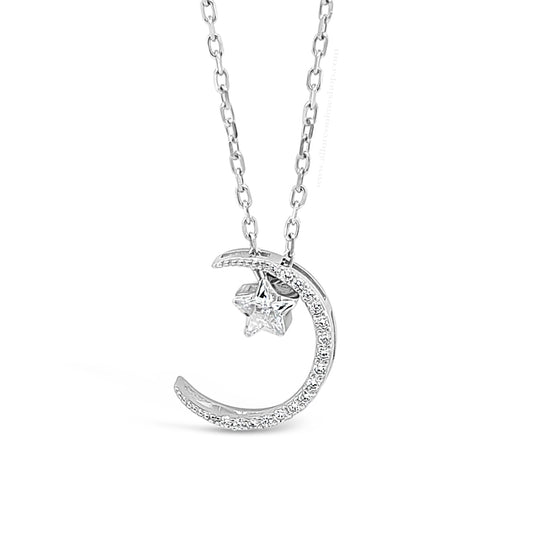 Silver Half Moon And Star Pendant With Chain HCP216