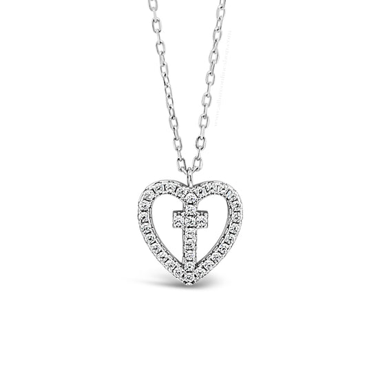 Silver Cross In Heart Pendant And Chain HCP227