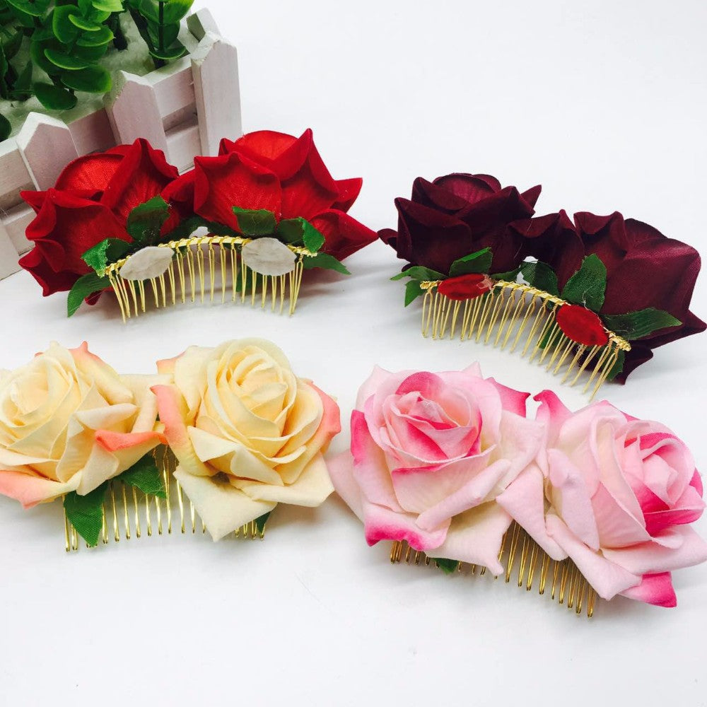 Pink double rose hair comb