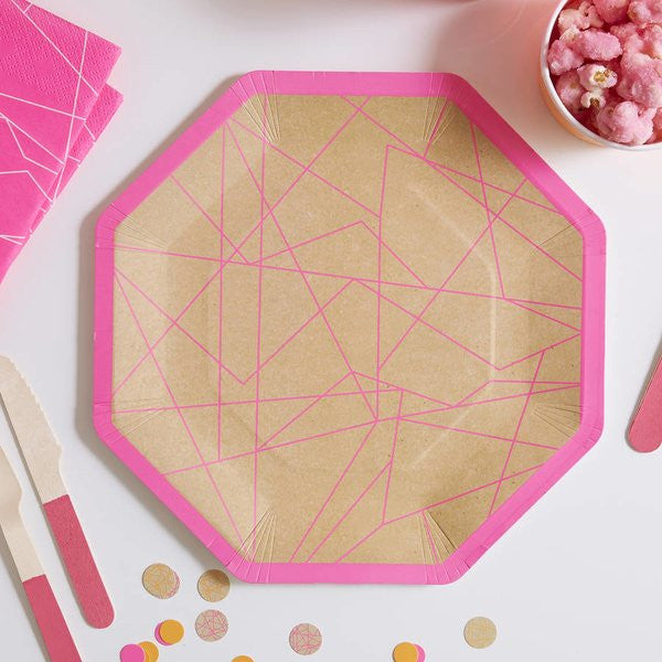 Kraft & Neon Pink Geometric Paper Plates