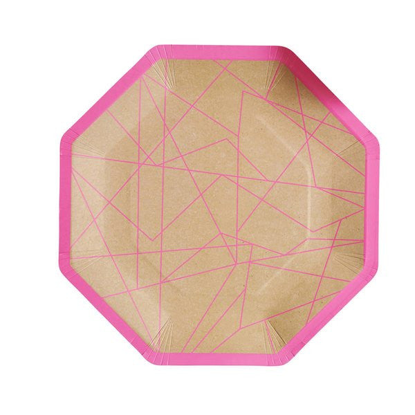 Kraft & Neon Pink Geometric Paper Plates