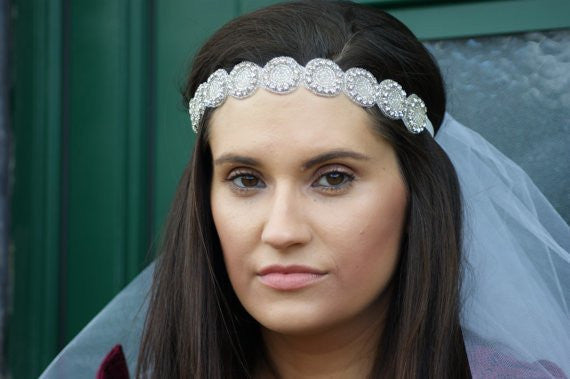 Silver and White Coin Look Headpiece and Veil