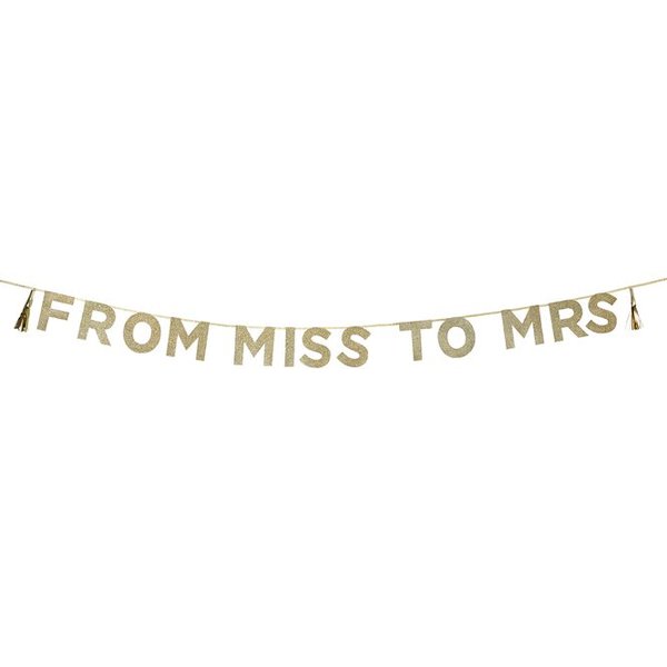 Add some glitzy glamour to your hens night with our sparkly gold glitter FROM MISS TO MRS party banner.  