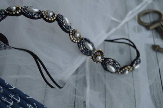 Nautical Theme - Blue and Silver pearled Headband with Veil