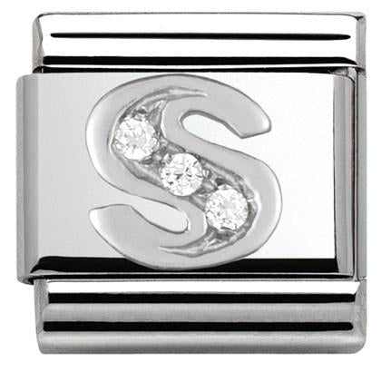 Classic LETTER S/steel. Cub. zirc,925 silver S