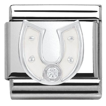 CLASSIC Silver & enamel,1 CZ,925 silver white horseshoe