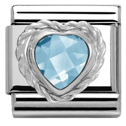 Classic HEART FACETED CZ,S/Steel,925 silver twisted setting LIGHT BLUE