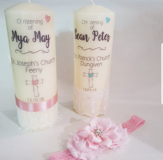 Personalised lace baby boys christening candle