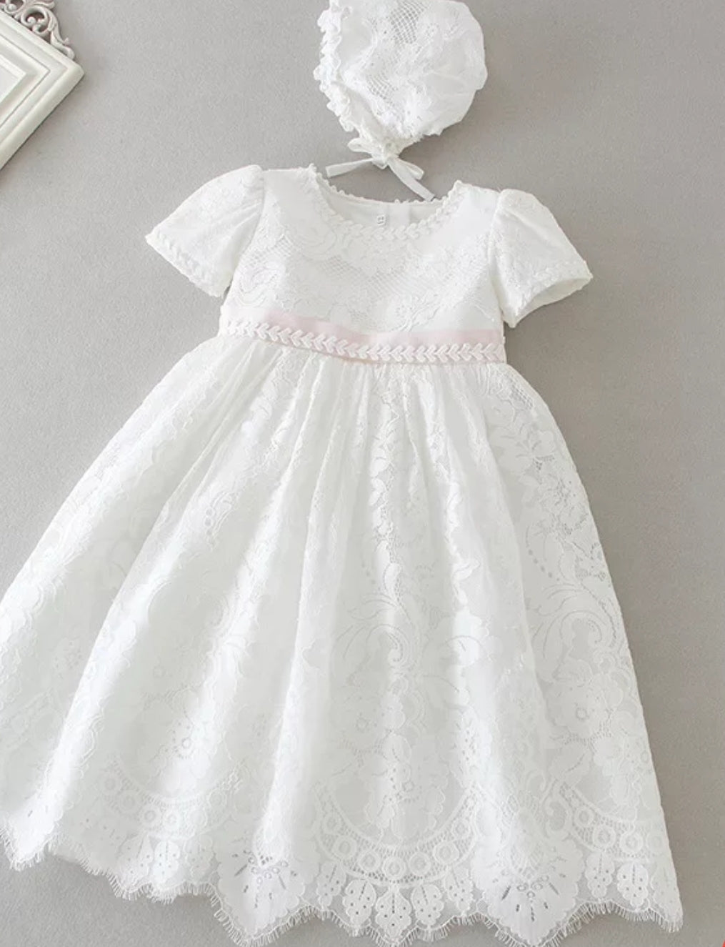 Pink trim lace christening dress