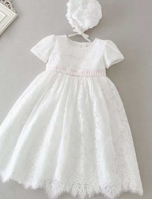 Pink trim lace christening dress