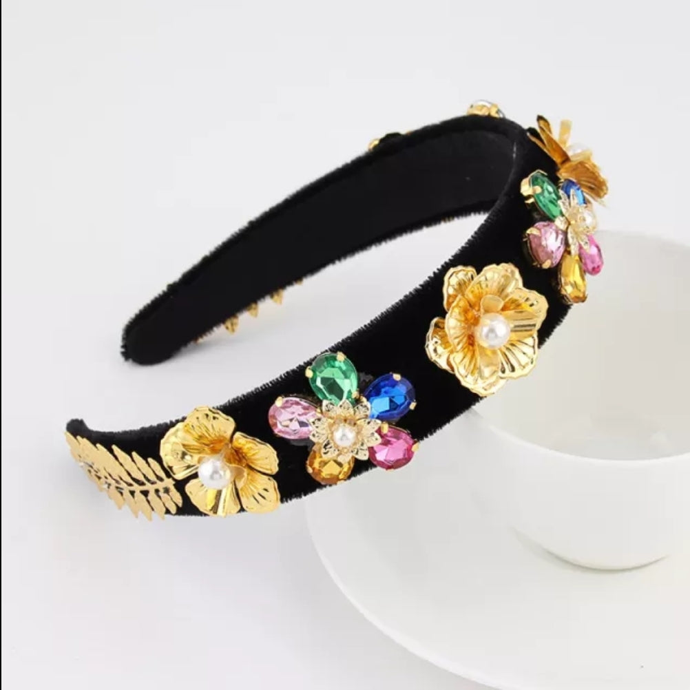 Black and gold multi colour flower gem hairband