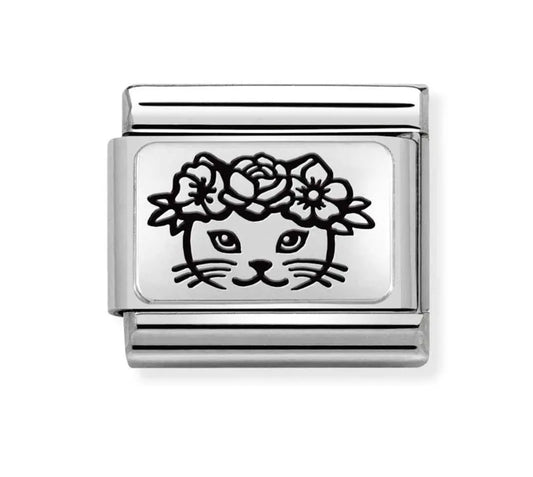 Classic Silver Cat with Flowers Charm