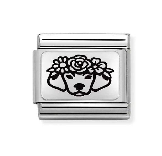 Classic Silver Dog with Flowers Charm