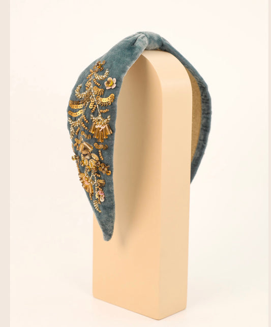 Embellished Velvet Headband - Denim