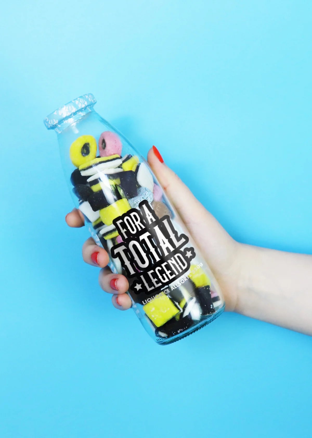 ‘FOR A TOTAL LEGEND’ LIQUORICE ALLSORTS MESSAGE BOTTLE